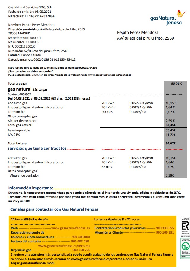 Spain gasNatural fenosa utility bill template in Word and PDF format